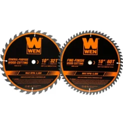 WEN BL1032-2 10-Inch 32-Tooth and 60-Tooth Carbide-Tipped Professional Woodworking Saw Blade Set, Two Pack