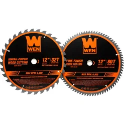 WEN BL1232-2 12-Inch 32-Tooth and 80-Tooth Carbide-Tipped Professional Woodworking Saw Blade Set, Two Pack