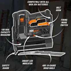 WEN 20512BT 20V Max Cordless 18-Gauge Brad Nailer (Tool Only – Battery Not Included)