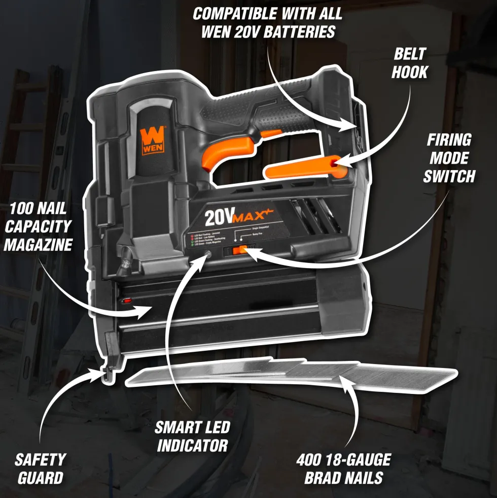 WEN 20512BT 20V Max Cordless 18-Gauge Brad Nailer (Tool Only – Battery Not Included)