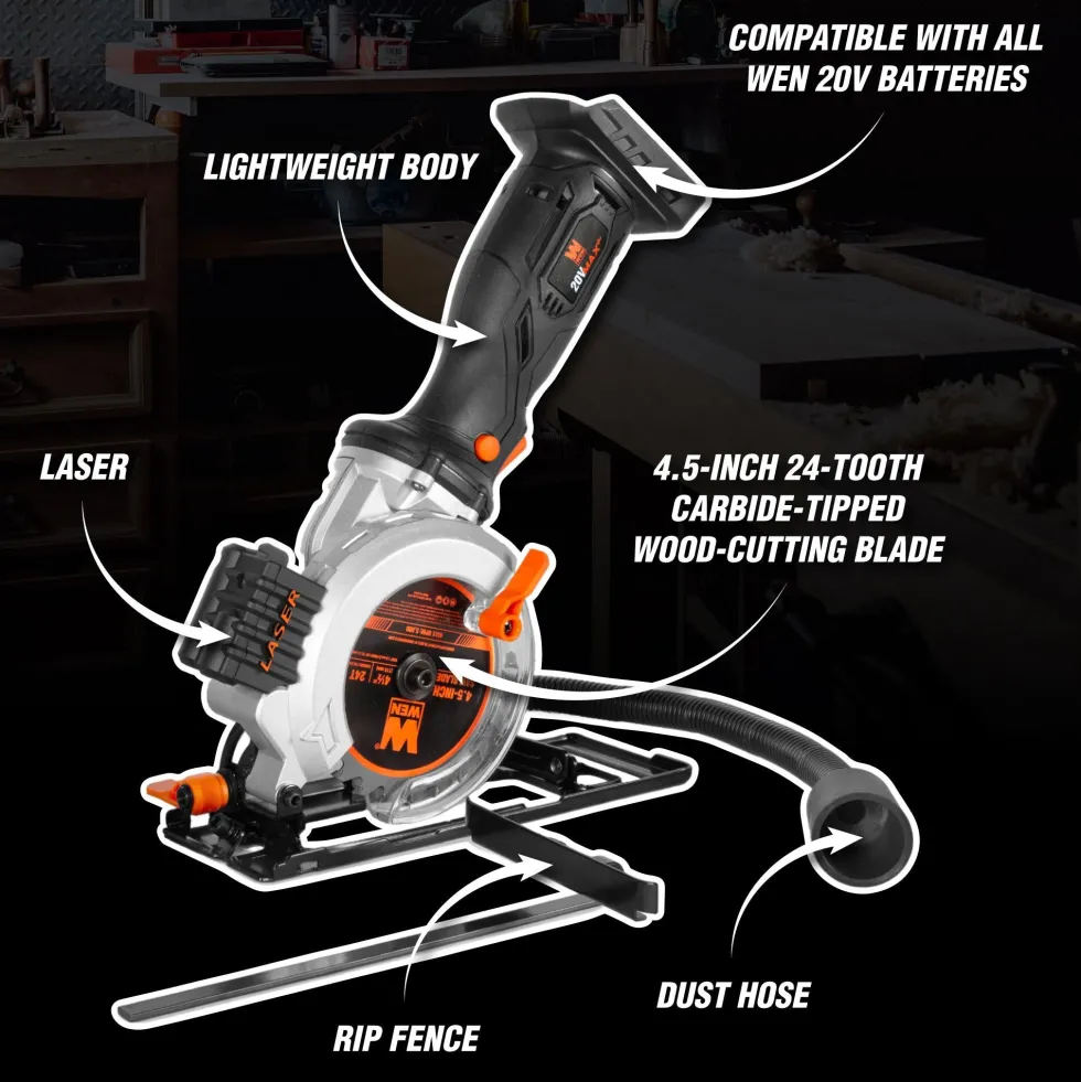 WEN 20604BT 20V Max 4-1/2-Inch Cordless Mini Circular Saw (Tool Only – Battery and Charger Not Included)