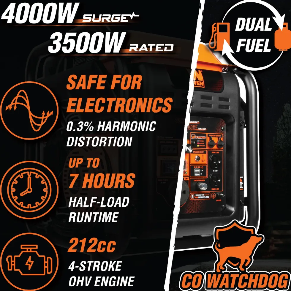 WEN DF402iX RV-Ready 4000-Watt Dual Fuel Open Frame Inverter Generator with CO Shutdown Sensor