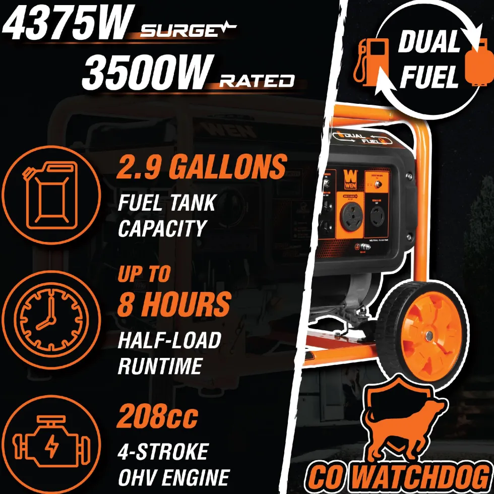 WEN DF430X 4375-Watt Dual Fuel Portable Generator with Wheel Kit and CO Shutdown Sensor
