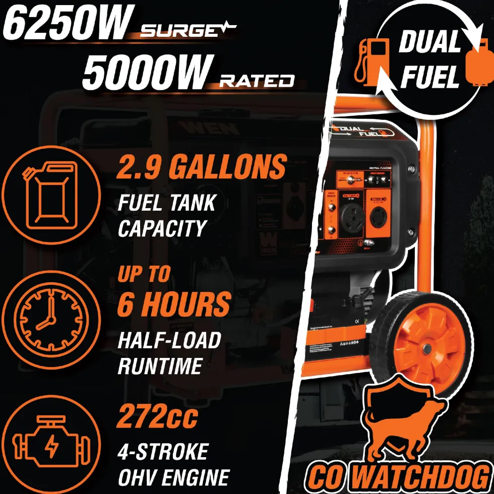 WEN DF623X 6250-Watt 120-Volt/240-Volt Dual Fuel Electric Start Portable Generator with Wheel Kit and CO Shutdown Sensor