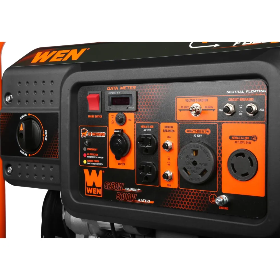 WEN DF623X 6250-Watt 120-Volt/240-Volt Dual Fuel Electric Start Portable Generator with Wheel Kit and CO Shutdown Sensor