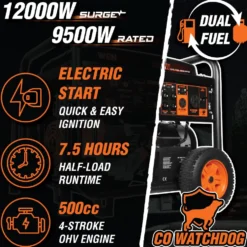WEN DF1200X 12000-Watt 120-Volt/240-Volt Dual Fuel Transfer-Switch Ready Electric Start Portable Generator with Wheel Kit and CO Shutdown Sensor