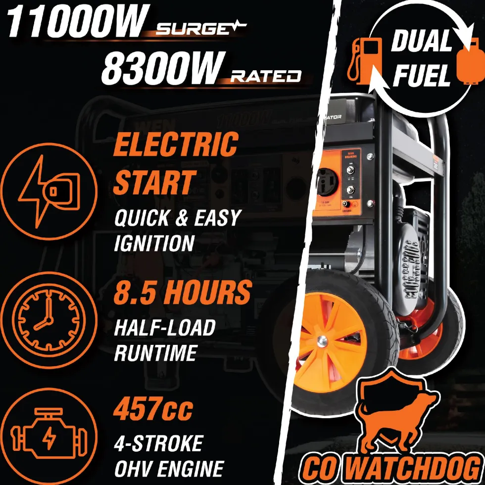 WEN DF1100X 11,000-Watt 120V/240V Dual Fuel Portable Generator with Wheel Kit, Electric Start, and CO Watchdog