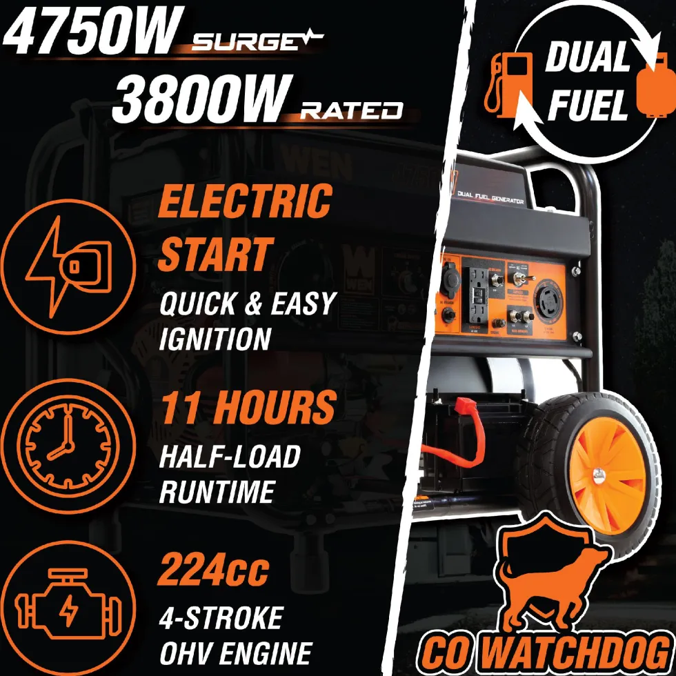 WEN DF475X 4,750-Watt 120V/240V Dual Fuel Portable Generator with Wheel Kit, Electric Start, and CO Watchdog