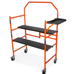 WEN 31107 4-Foot Portable Rolling Scaffolding, 500-Pound-Capacity with Foldable Design, Safety Rail and Tool Shelf