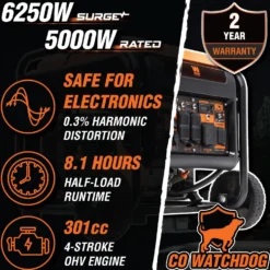 WEN GN625iX 6250-Watt RV and Transfer-Switch-Ready 120V/240V Open Frame Inverter Generator with CO Shutdown Sensor and Wheel Kit