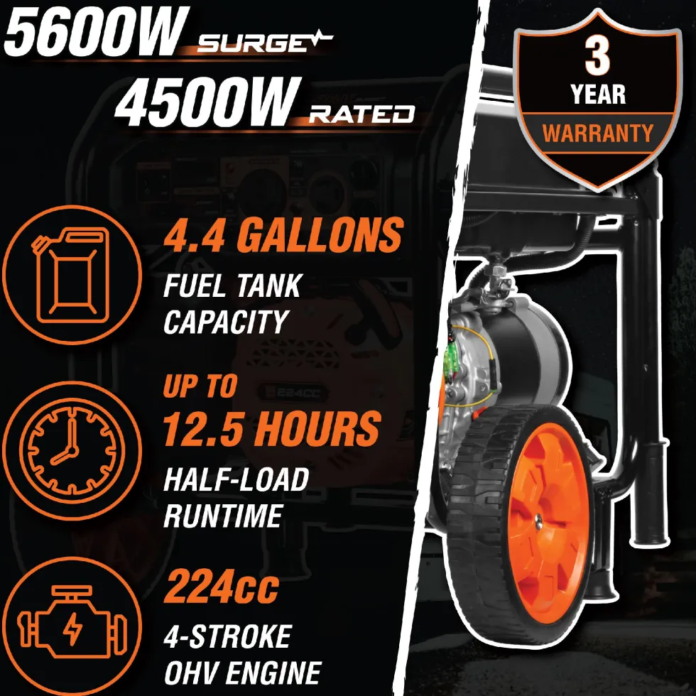 WEN GN5600 5,600-Watt Portable Generator with Wheel Kit, 224cc, Transfer-Switch, and RV-Ready