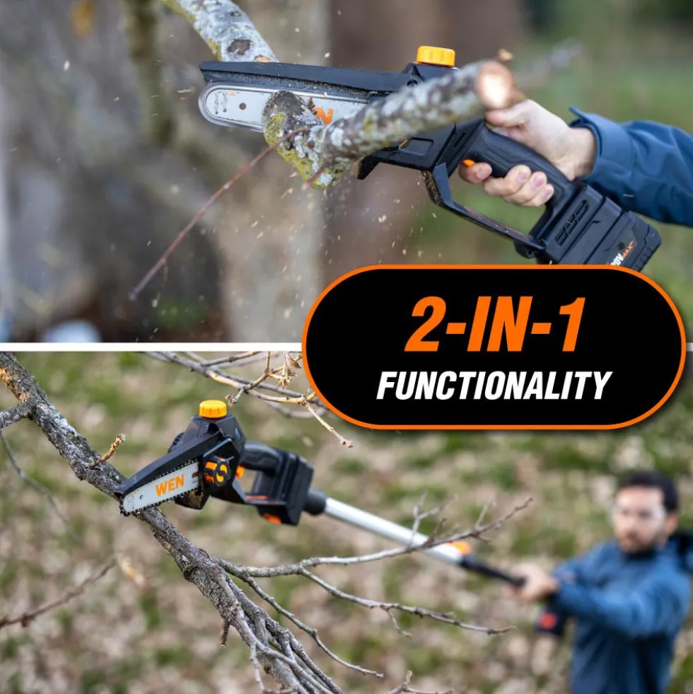 WEN 20752 2-In-1 20V Max Cordless Brushless Pole Saw and Mini Chainsaw with 4.0Ah Battery and Charger