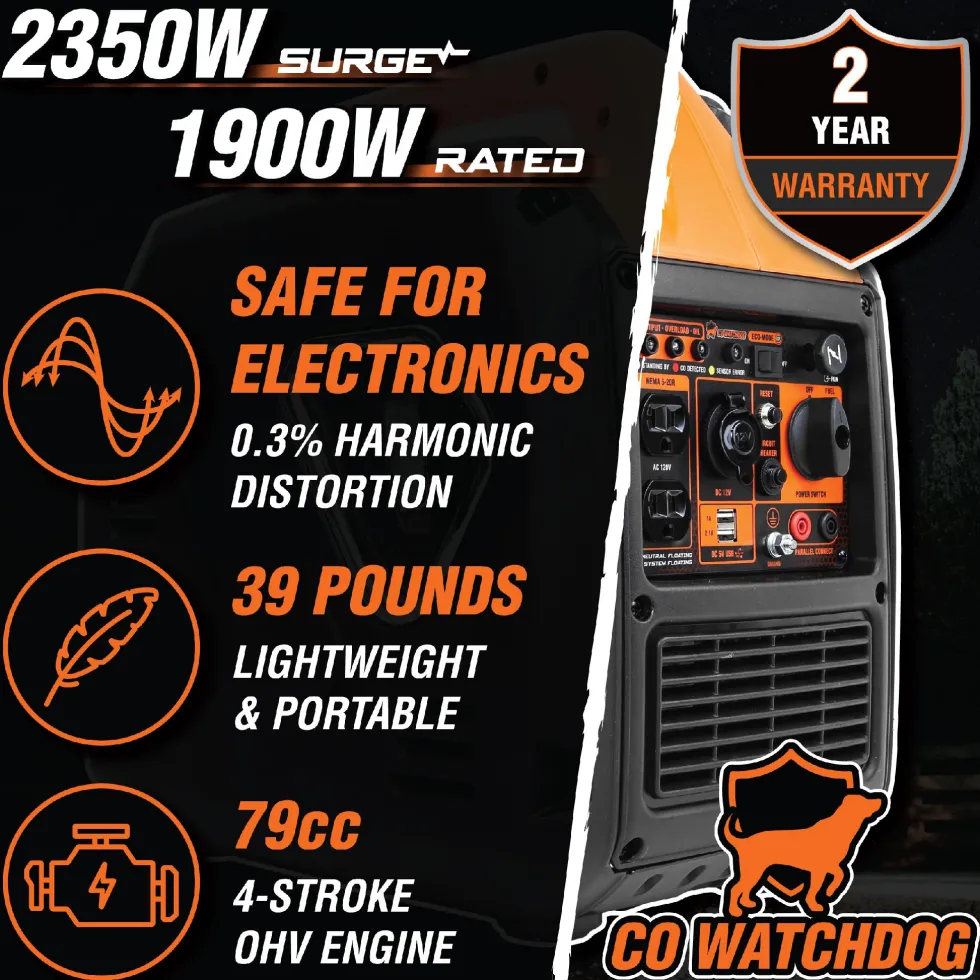 WEN 56235iX Super Quiet Ultra Lightweight 2350-Watt Portable Inverter Generator with Fuel Shut Off and CO Sensor