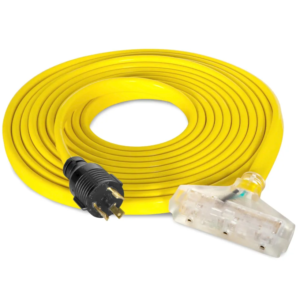 WEN PC5320F 125V 30-Amp 10-Gauge Flattened Under-Door Generator Extension Cord Splitter, 25-Foot (converts L5-30R to three 5-20R outlets)