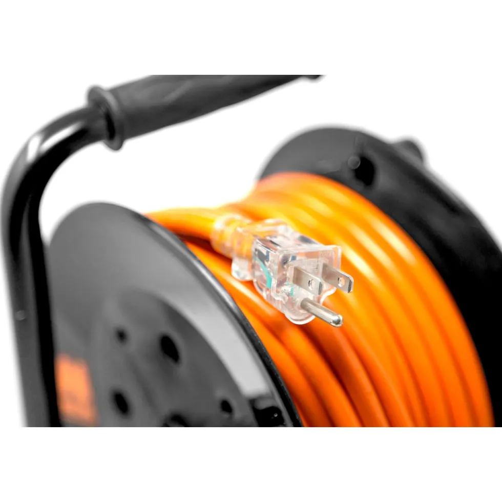 WEN PC5043R 50 ft. 14-Gauge Heavy-Duty SJTW Outdoor 14/3 Extension Cord Reel with NEMA 5-15R Light-Up Power Outlet