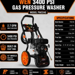 WEN PW224G 3400 PSI Gas Pressure Washer with 223cc Engine, 2.7 GPM Flow Rate and Onboard Soap Tank