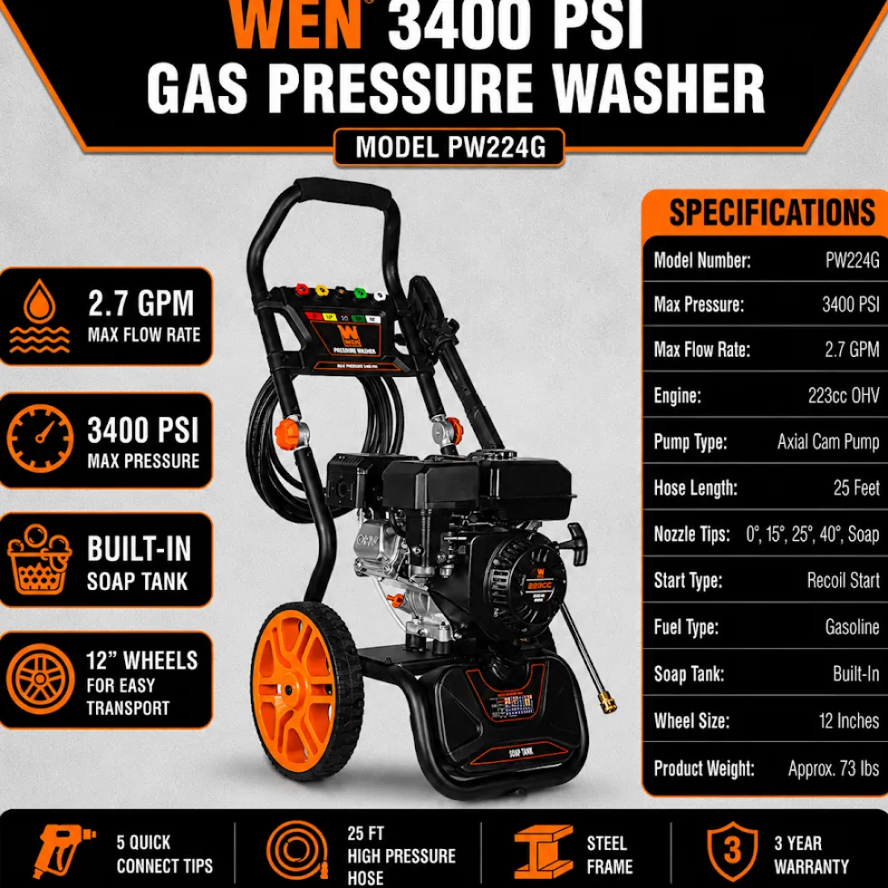 WEN PW224G 3400 PSI Gas Pressure Washer with 223cc Engine, 2.7 GPM Flow Rate and Onboard Soap Tank