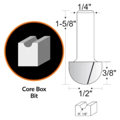 WEN RB202CB 1/2 in. Core Box Carbide-Tipped Router Bit with 1/4 in. Shank