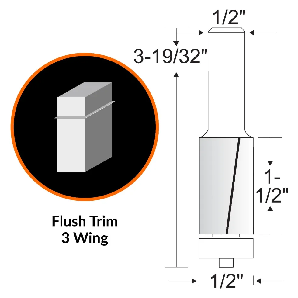 WEN RB502FW 1/2 in. Flush Trim 3-Wing Carbide-Tipped Router Bit with 1/2 in. Shank