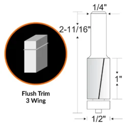 WEN RB501FW 1/2 in. Flush Trim 3-Wing Carbide-Tipped Router Bit with 1/4 in. Shank