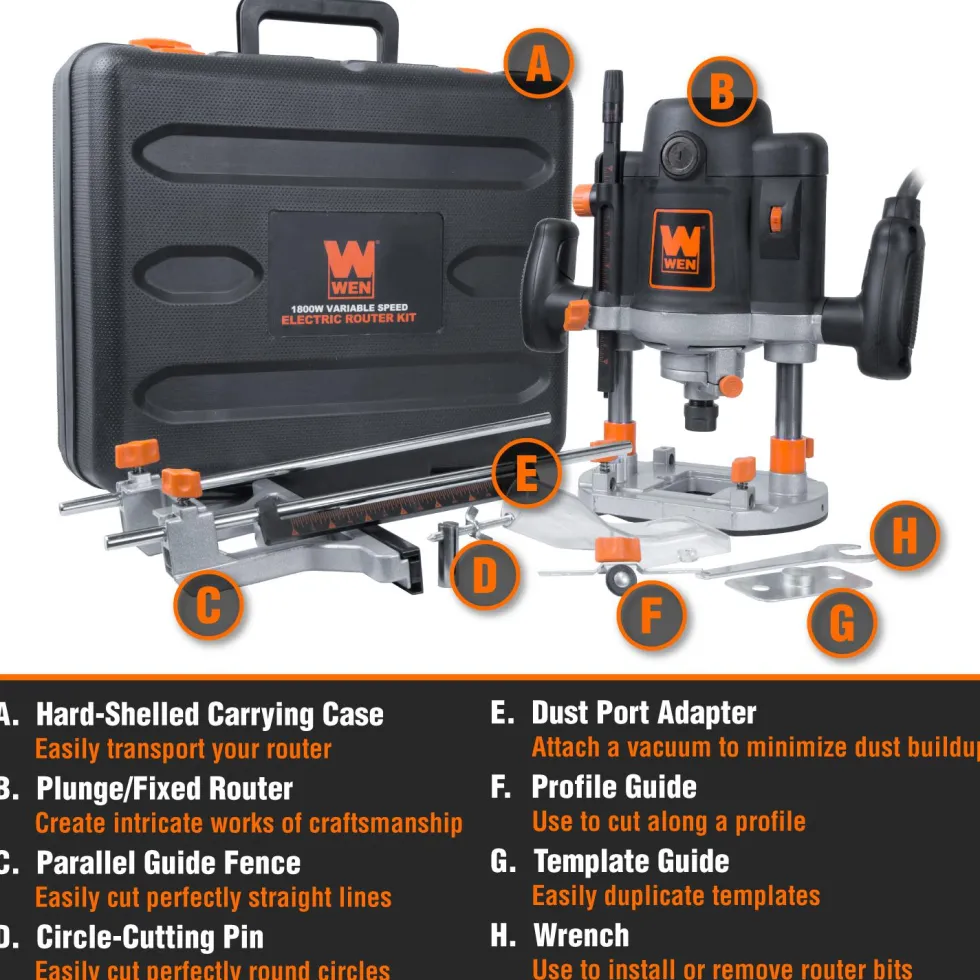 WEN RT6033 15-Amp Variable Speed Plunge Woodworking Router Kit with Carrying Case and Edge Guide