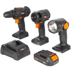 WEN 20VK3DDL 20V Max Cordless Drill, Brushless Compact Impact Driver, and LED Work Light / Flashlight Combo Kit with 2Ah Battery and Charger