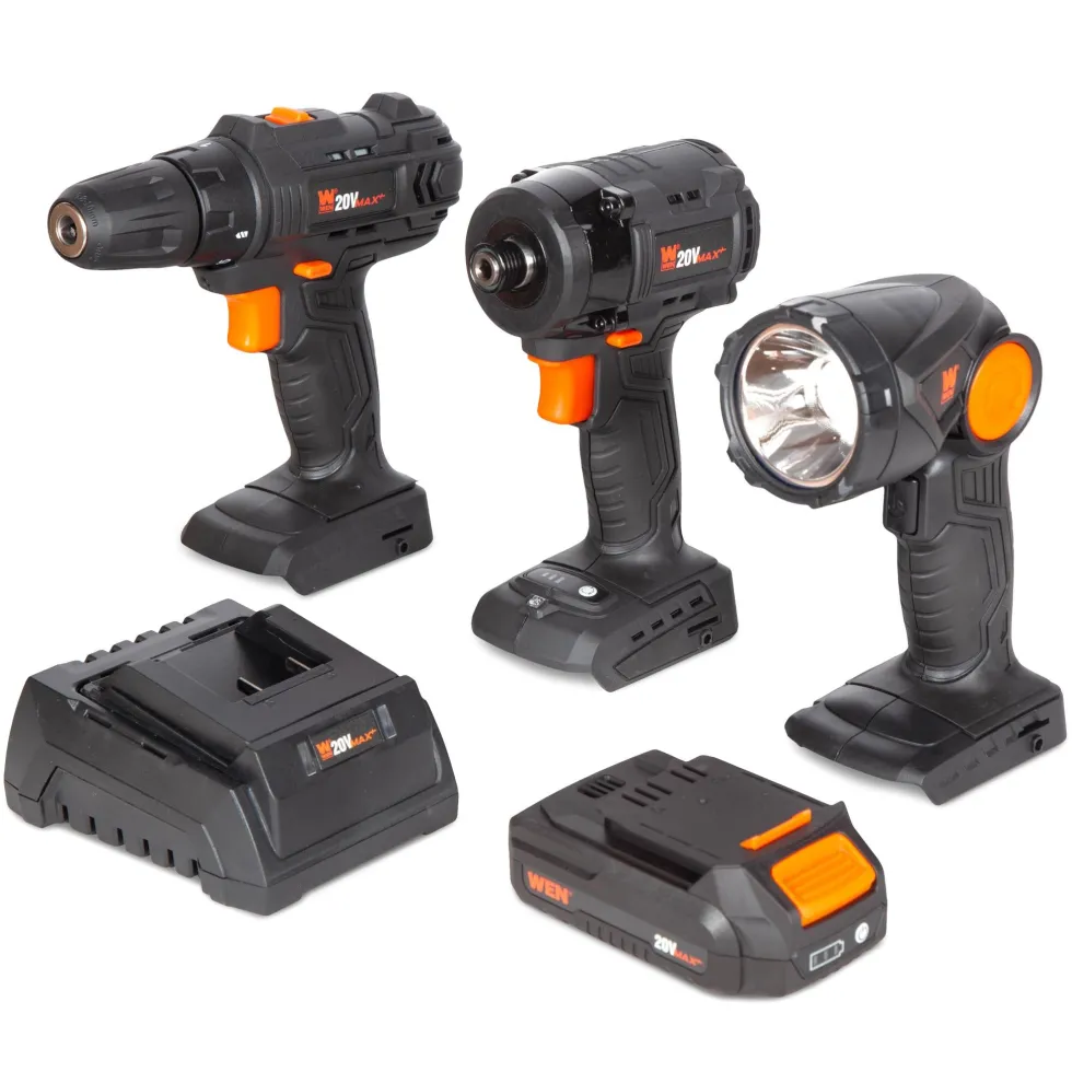 WEN 20VK3DDL 20V Max Cordless Drill, Brushless Compact Impact Driver, and LED Work Light / Flashlight Combo Kit with 2Ah Battery and Charger