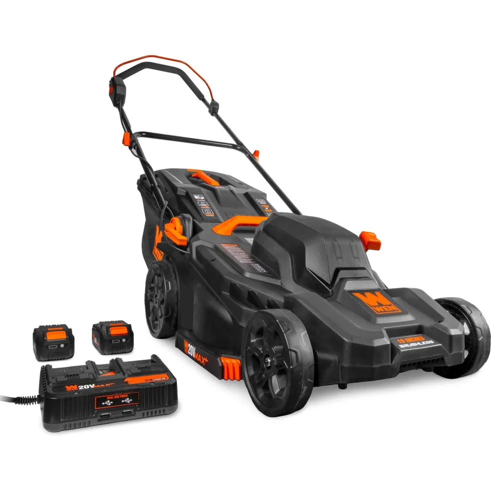 WEN 20VK3TBM 20V Max Cordless 19-Inch Lawn Mower, String Trimmer, and Leaf Blower Combo Kit with Two 5Ah Batteries and Dual Port Charger