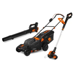 WEN 20VK3TBM 20V Max Cordless 19-Inch Lawn Mower, String Trimmer, and Leaf Blower Combo Kit with Two 5Ah Batteries and Dual Port Charger