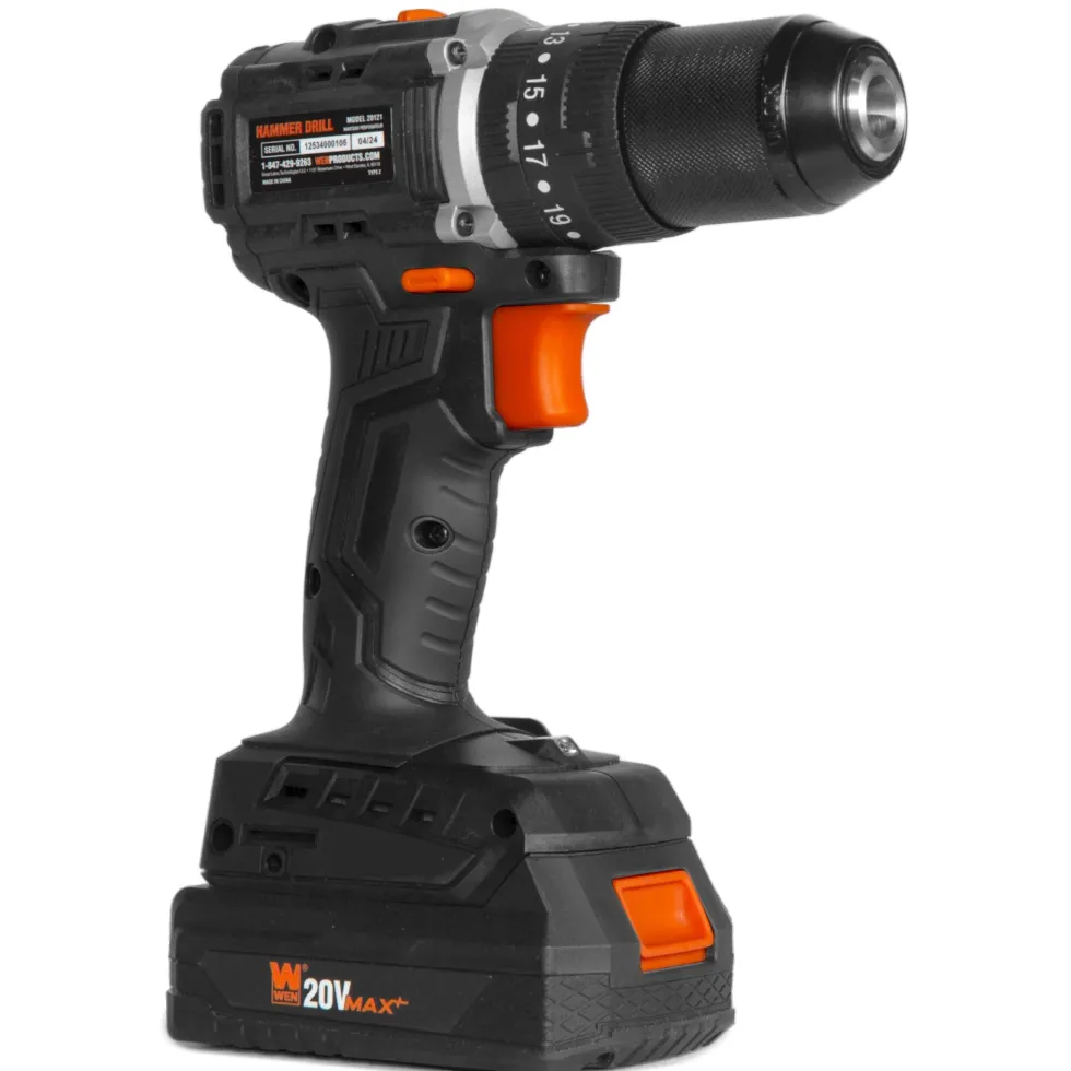 WEN 20121 20V Max Brushless Cordless 1/2-Inch Hammer Drill and Driver with 2.0 Ah Lithium-Ion Battery and Charger