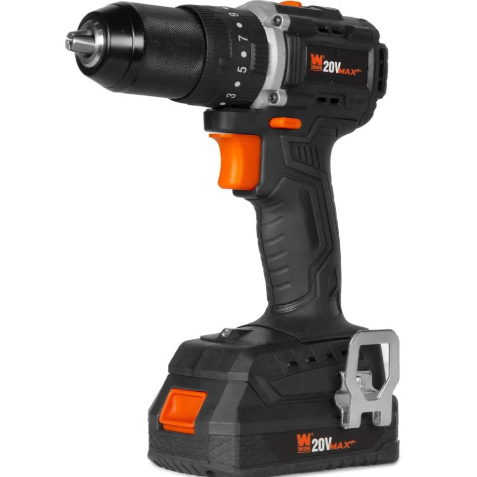 WEN 20121 20V Max Brushless Cordless 1/2-Inch Hammer Drill and Driver with 2.0 Ah Lithium-Ion Battery and Charger