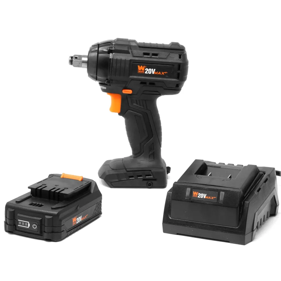 WEN 20107 20V Max Brushless Cordless 1/2-Inch Impact Wrench with 2.0 Ah Lithium-Ion Battery and Charger
