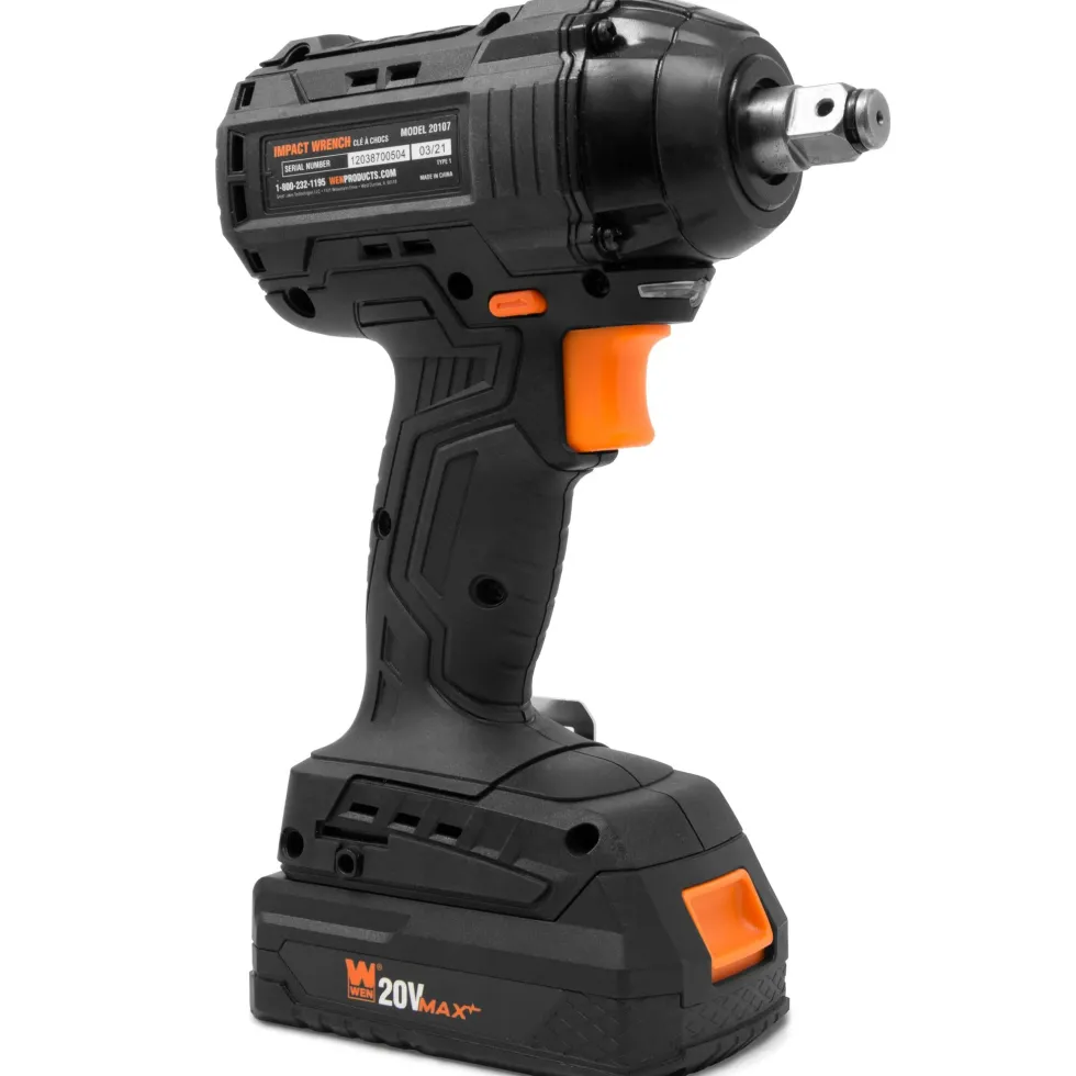 WEN 20107 20V Max Brushless Cordless 1/2-Inch Impact Wrench with 2.0 Ah Lithium-Ion Battery and Charger