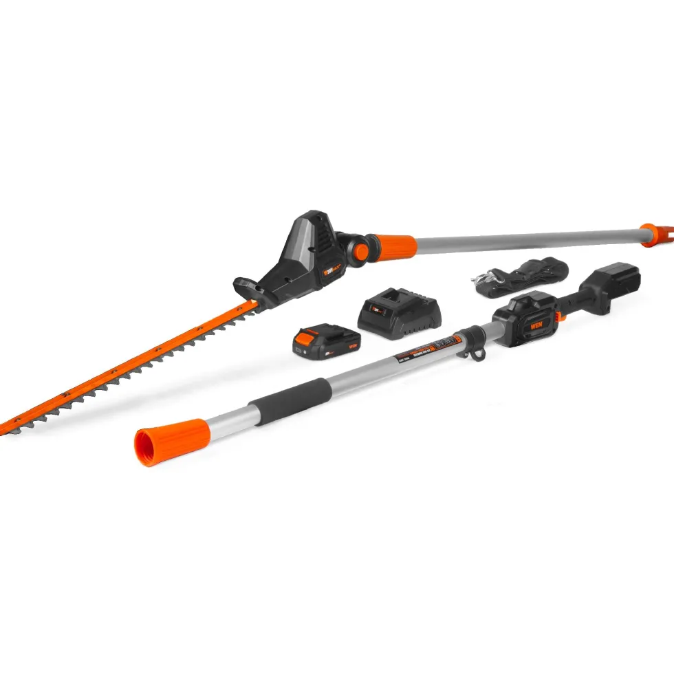 WEN 20825 20V Max Cordless 20-Inch Hedge Trimmer Pole Saw with 14.6-Foot Reach, 2Ah Battery and Charger