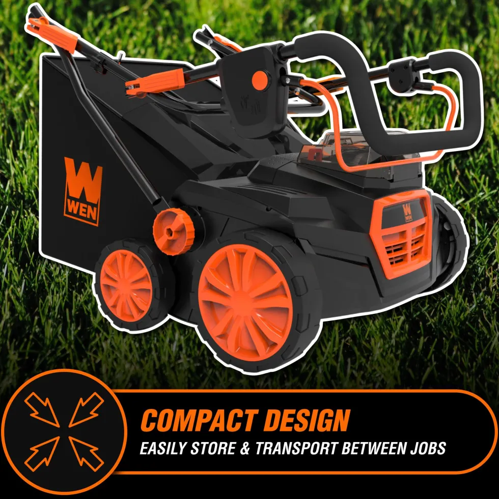WEN 20716 20V Max Cordless 15-Inch 2-in-1 Brushless Electric Dethatcher and Scarifier with Collection Bag