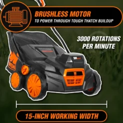 WEN 20716 20V Max Cordless 15-Inch 2-in-1 Brushless Electric Dethatcher and Scarifier with Collection Bag