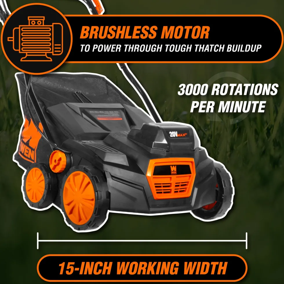 WEN 20716 20V Max Cordless 15-Inch 2-in-1 Brushless Electric Dethatcher and Scarifier with Collection Bag
