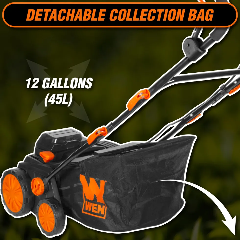 WEN 20716 20V Max Cordless 15-Inch 2-in-1 Brushless Electric Dethatcher and Scarifier with Collection Bag