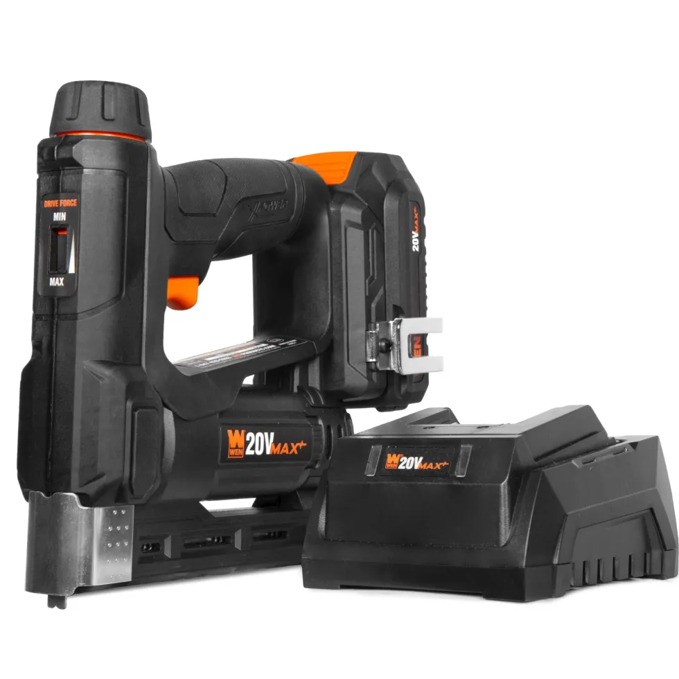 WEN 20538 20V Max Cordless 2-in-1 18-Gauge Brad Nailer and T50 Crown Stapler with 2.0Ah Battery and Charger