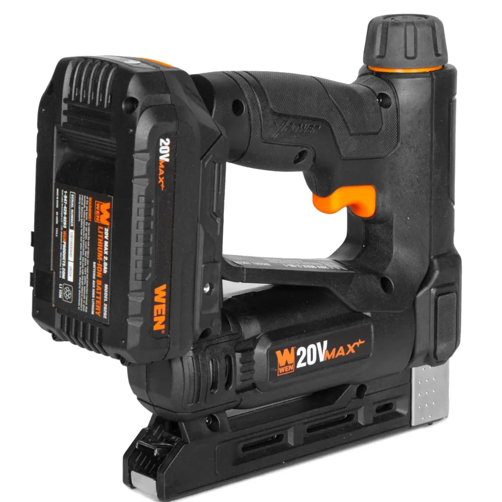 WEN 20539 20V Max Cordless 2-in-1 18-Gauge Brad Nailer and T50 Crown Stapler with 2.0Ah Battery and Charger