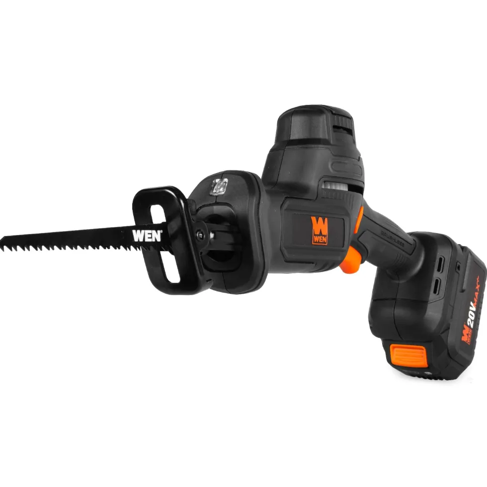 WEN 20631 20V Max Cordless Reciprocating Saw, Brushless Compact One-Handed Design with 4.0 Ah Lithium-Ion Battery and Charger