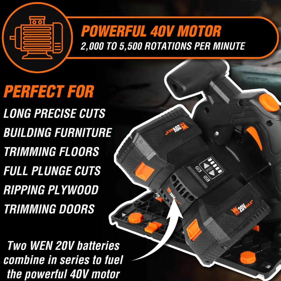 WEN 20691 20V Max 6.5-Inch Cordless Brushless Plunge Cut Variable Speed Track Saw with Two 4.0 Ah Batteries and Charger