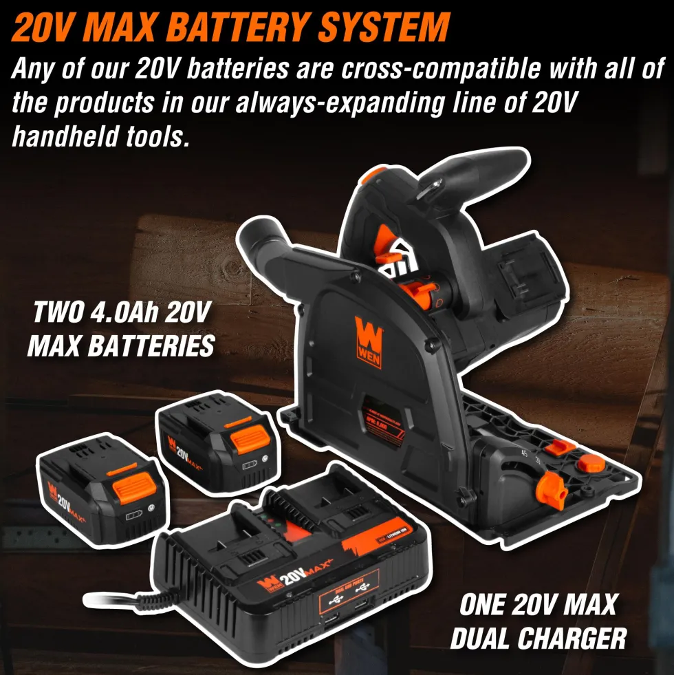 WEN 20691 20V Max 6.5-Inch Cordless Brushless Plunge Cut Variable Speed Track Saw with Two 4.0 Ah Batteries and Charger