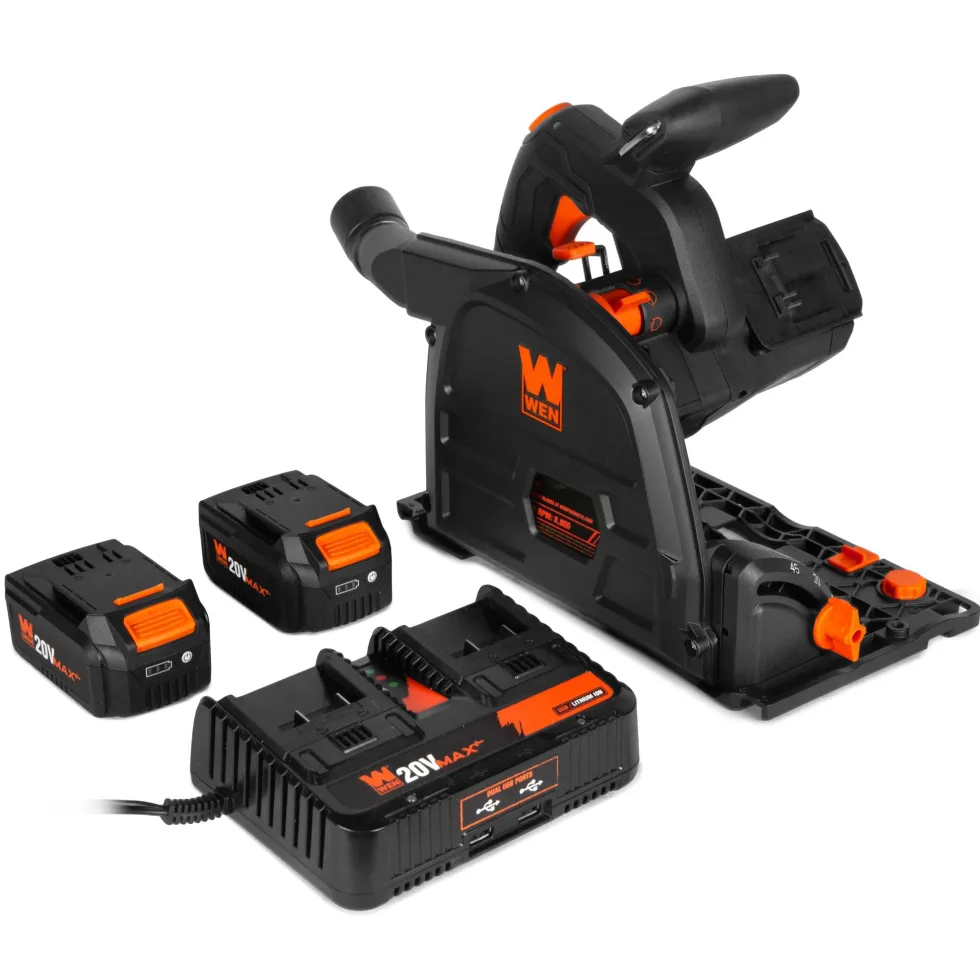 WEN 20691 20V Max 6.5-Inch Cordless Brushless Plunge Cut Variable Speed Track Saw with Two 4.0 Ah Batteries and Charger