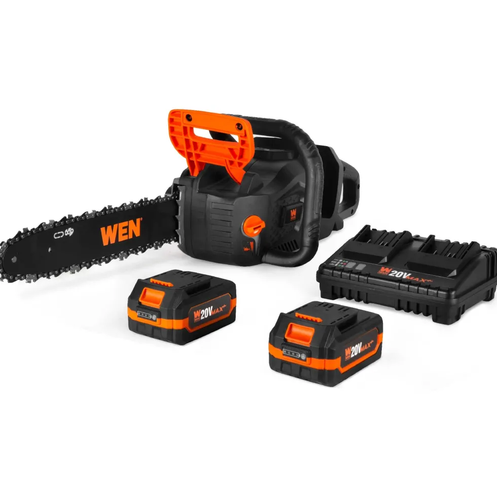 WEN 20754 20V Max 14-Inch Cordless Brushless Chainsaw with Two 4Ah Batteries and Dual Port Charger
