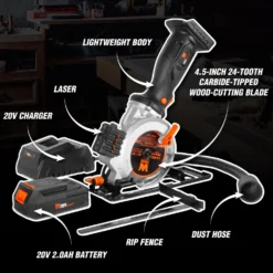 WEN 20604 20V Max 4-1/2-Inch Cordless Mini Circular Saw with 2.0Ah Battery and Charger