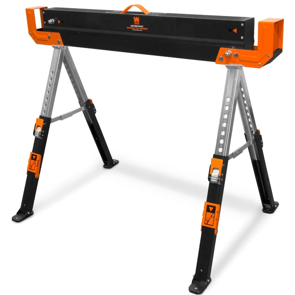 WEN WA1302 1300-Pound Capacity Height Adjustable Folding Steel Saw Horse with 2x4 Support Arms, Two Pack