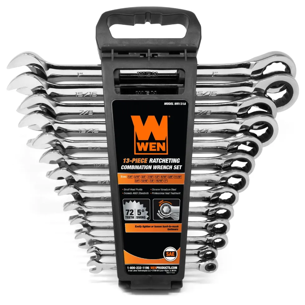 WEN WR131A 13-Piece Professional-Grade Ratcheting SAE Combination Wrench Set with Storage Rack
