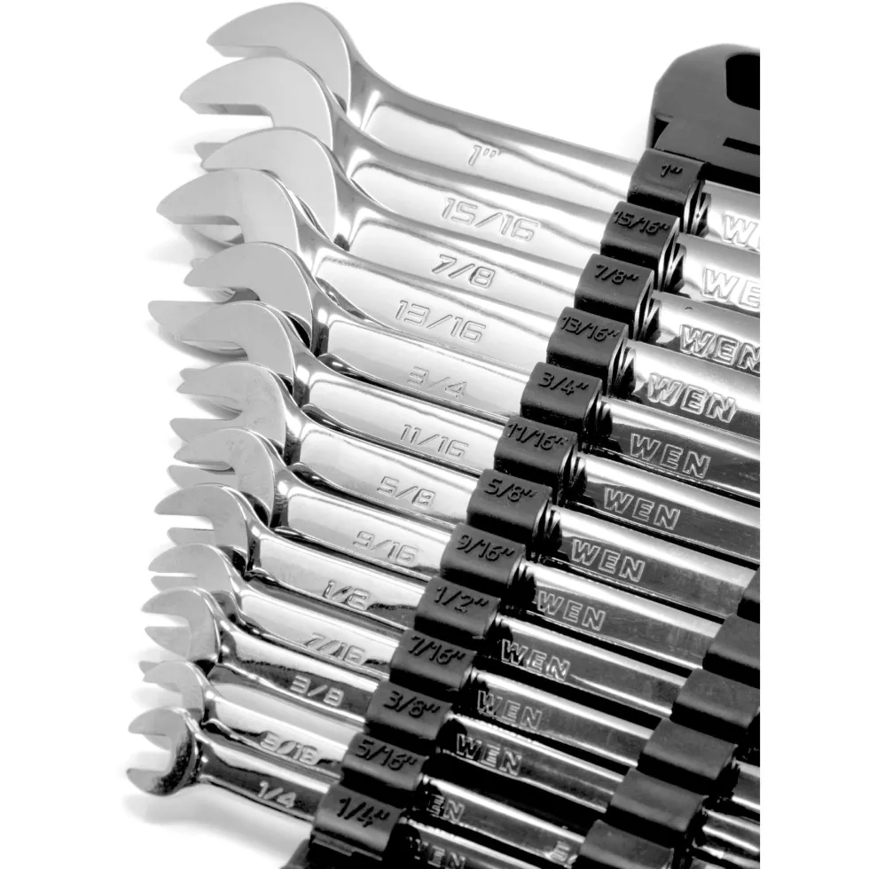 WEN WR131A 13-Piece Professional-Grade Ratcheting SAE Combination Wrench Set with Storage Rack