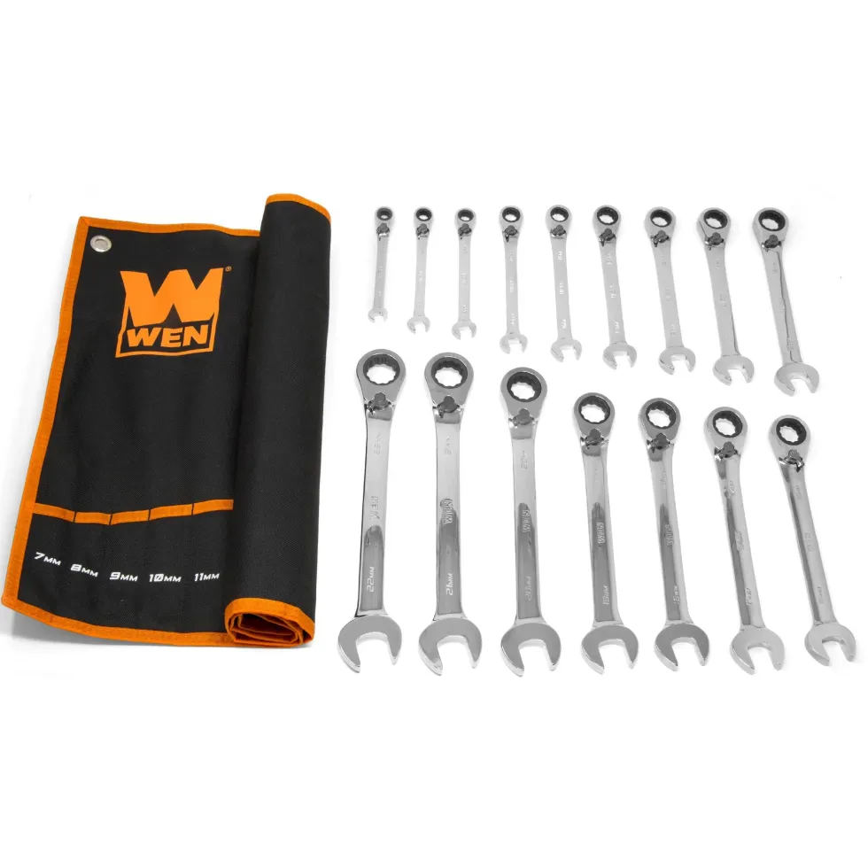 WEN WR162M 16-Piece Professional-Grade Reversible Ratcheting Metric Combination Wrench Set with Storage Pouch